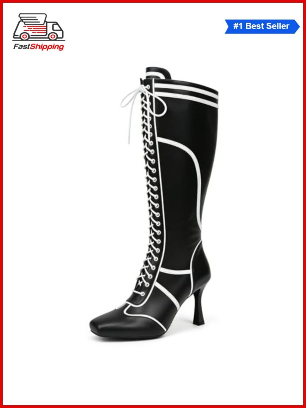 Faux Leather Knee High Boots Square Toe Kitten Heel Lace-Up